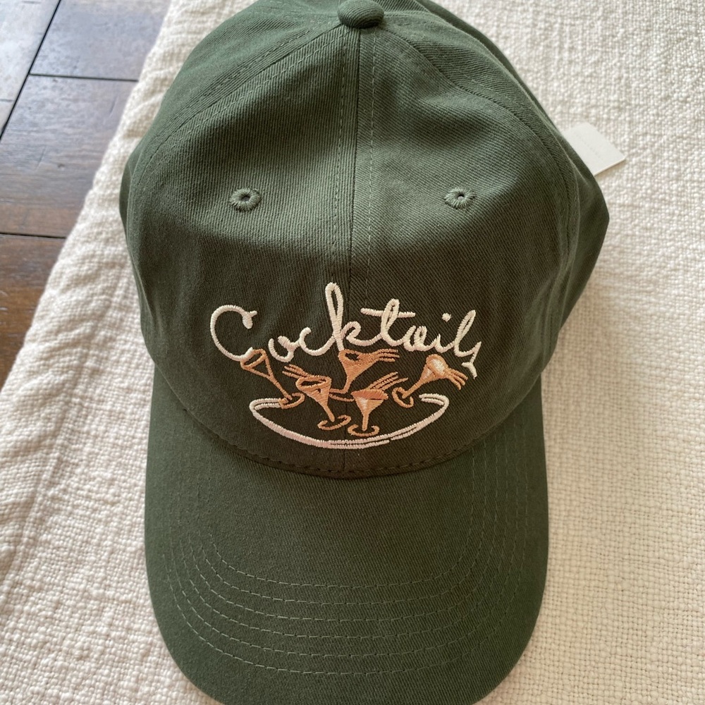 Anthropologie Olive Green Baseball Cap with Pink Embroidered 'Cocktail'